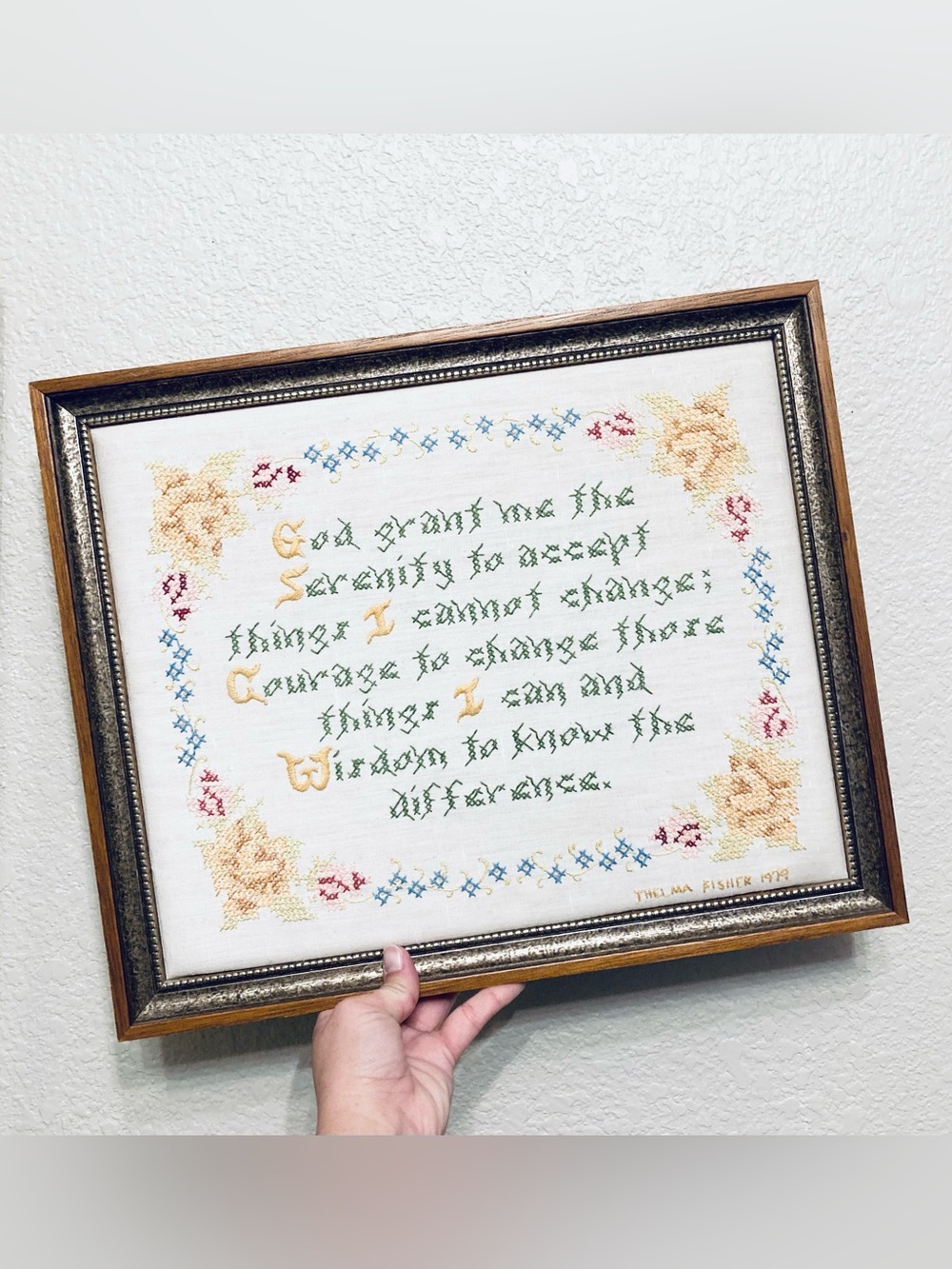 Vintage Serenity Prayer cross stitch embroidery framed Wall Art Cottage